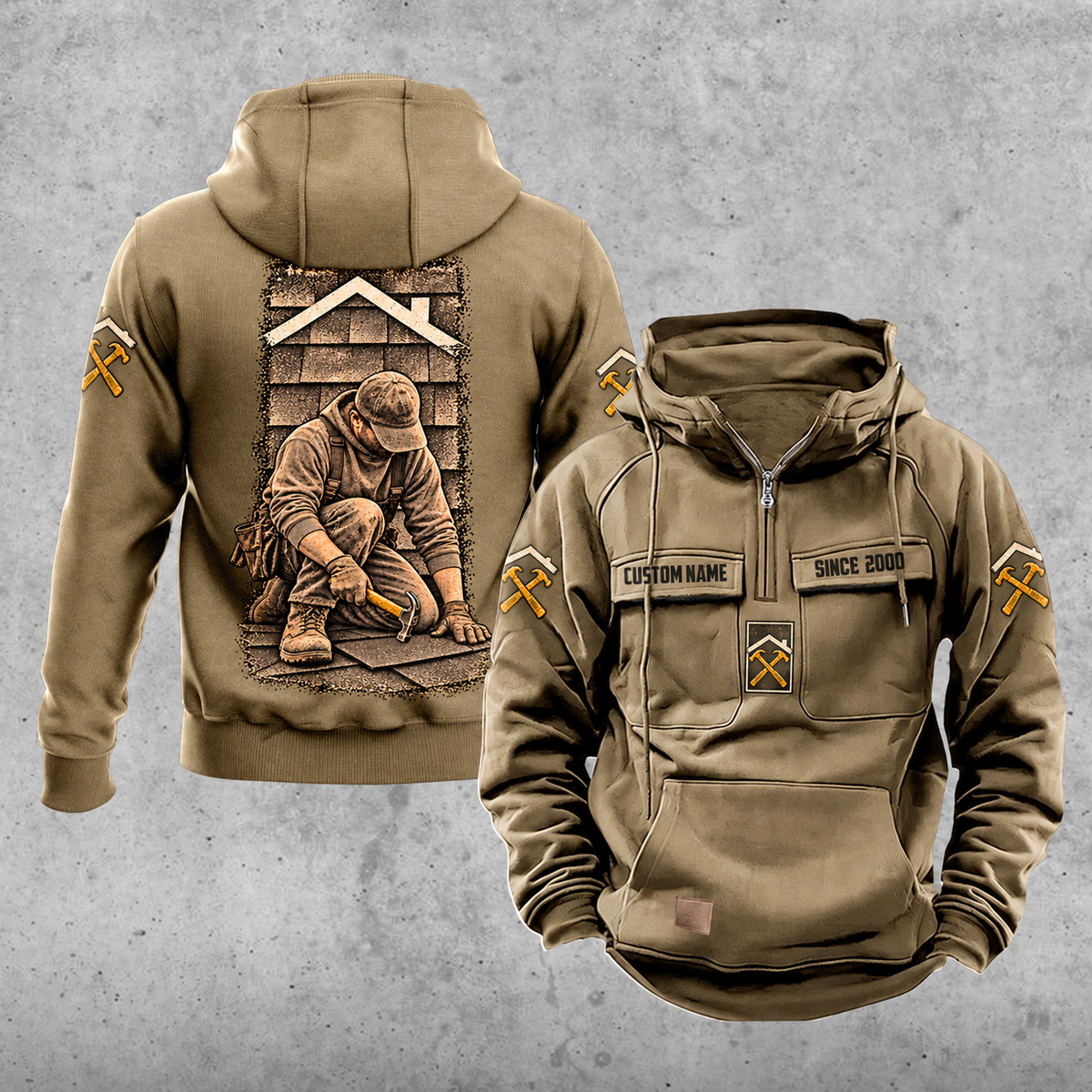Roofer Daily Commitment Portrait Vintage Hoodie in Kaki, front and back views with sample text CUSTOM NAME and SINCE 2000, tall kneeling roofer back artwork, sleeve roofline and crossed hammers, and plain lower front pouch.