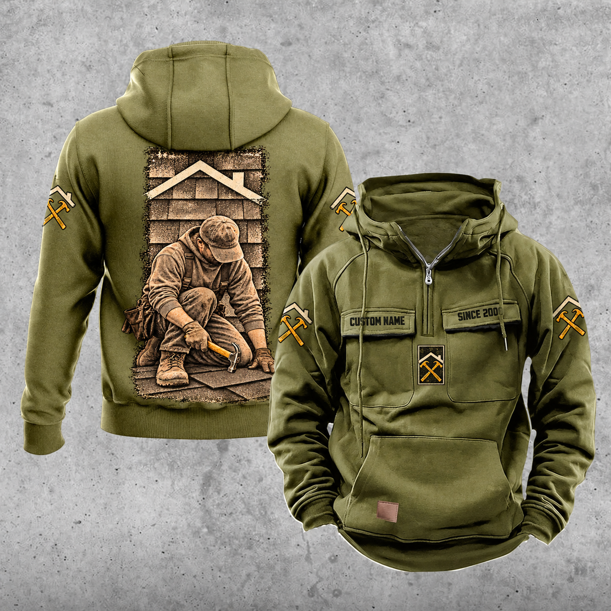 Roofer Daily Commitment Portrait Vintage Hoodie in Military Green, front and back views with sample text CUSTOM NAME and SINCE 2000, tall kneeling roofer back artwork, sleeve roofline and crossed hammers, and plain lower front pouch.