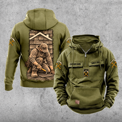 Roofer Daily Commitment Portrait Vintage Hoodie in Military Green, front and back views with sample text CUSTOM NAME and SINCE 2000, tall kneeling roofer back artwork, sleeve roofline and crossed hammers, and plain lower front pouch.
