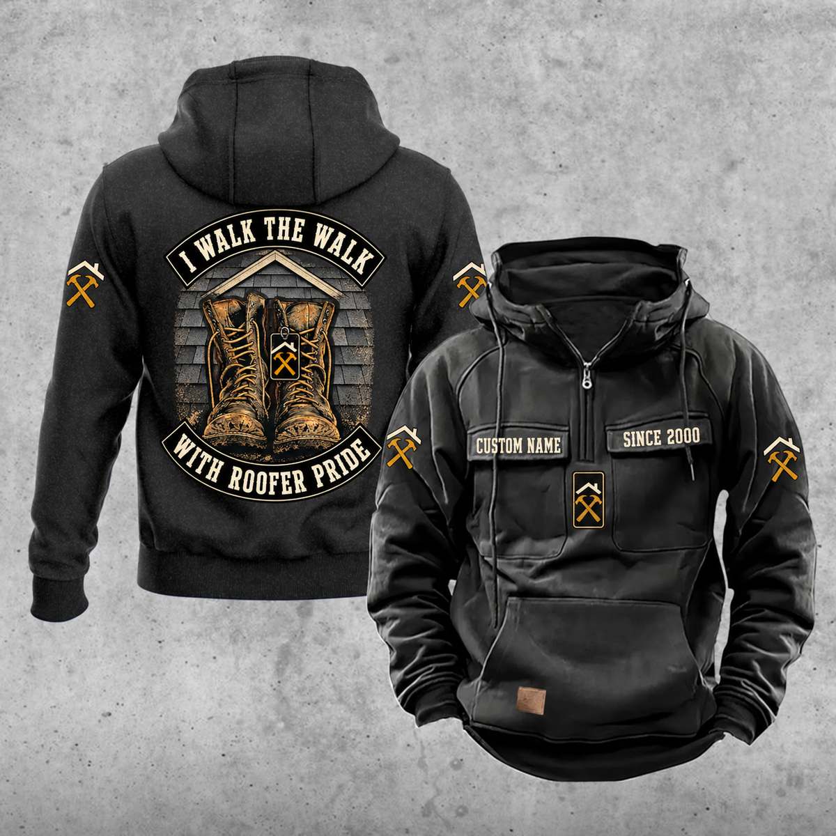 Roofer Walk the Walk Badge Vintage Hoodie in Black, front and back views with sample text CUSTOM NAME and SINCE 2000, roofline and crossed-hammer sleeve motifs, and a boots badge between curved I WALK THE WALK and WITH ROOFER PRIDE banners.
