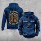 Roofer Walk the Walk Badge Vintage Hoodie in Dark Blue, front and back views with sample text CUSTOM NAME and SINCE 2000, roofline and crossed-hammer sleeve motifs, and a boots badge between curved I WALK THE WALK and WITH ROOFER PRIDE banners.