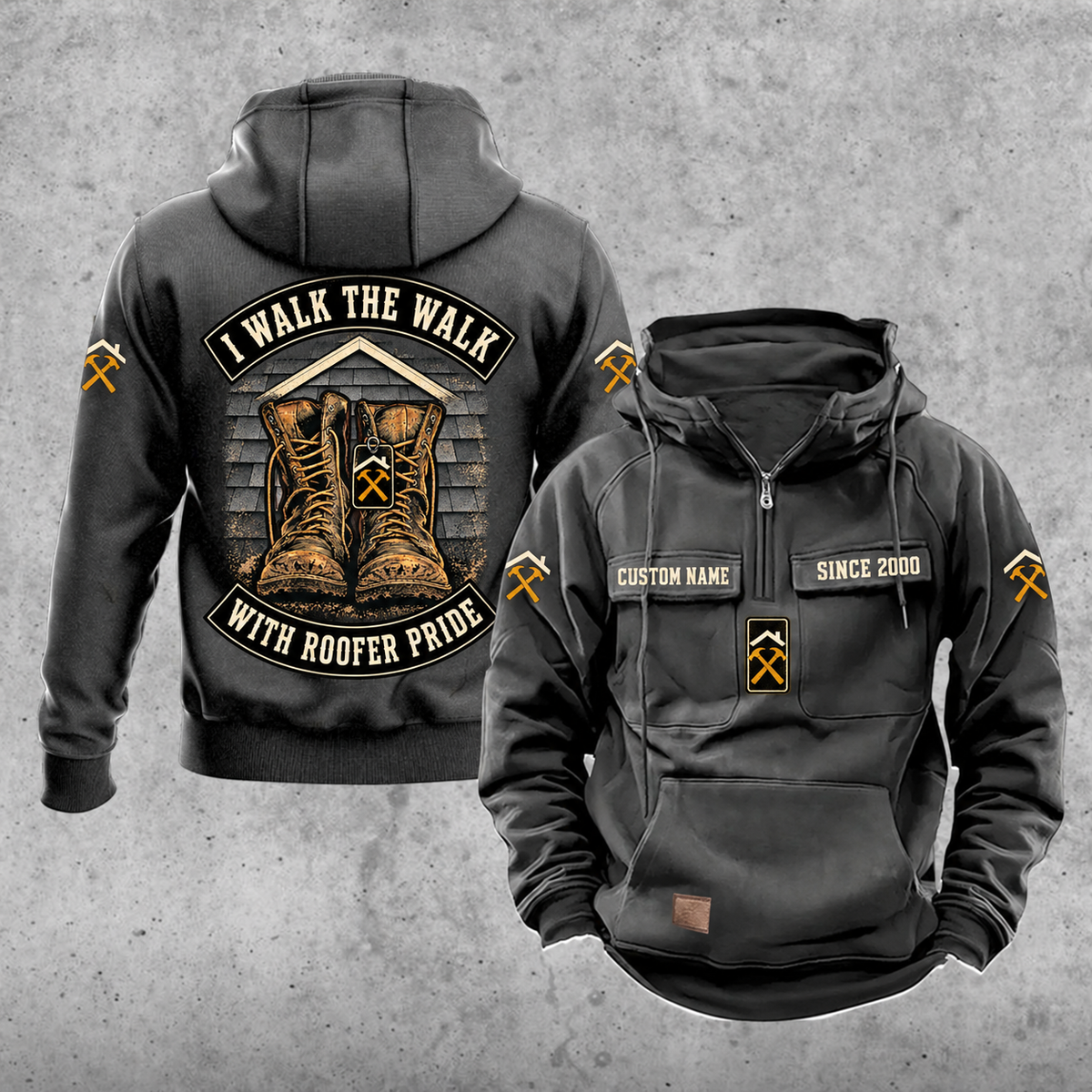 Roofer Walk the Walk Badge Vintage Hoodie in Dark Gray, front and back views with sample text CUSTOM NAME and SINCE 2000, roofline and crossed-hammer sleeve motifs, and a boots badge between curved I WALK THE WALK and WITH ROOFER PRIDE banners.