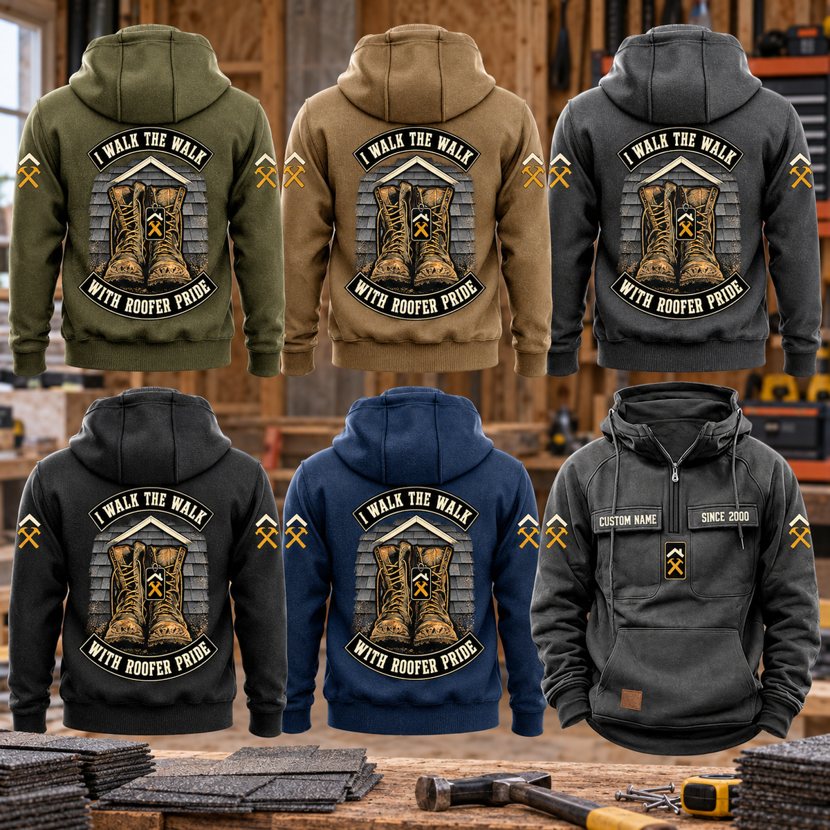 Roofer Walk the Walk Badge Vintage Hoodie in Military Green, Kaki, Dark Gray, Black and Dark Blue, shown as five complete back views plus a Dark Gray front view above a roofing workbench with stacked shingles.