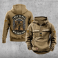 Roofer Walk the Walk Badge Vintage Hoodie in Kaki, front and back views with sample text CUSTOM NAME and SINCE 2000, roofline and crossed-hammer sleeve motifs, and a boots badge between curved I WALK THE WALK and WITH ROOFER PRIDE banners.