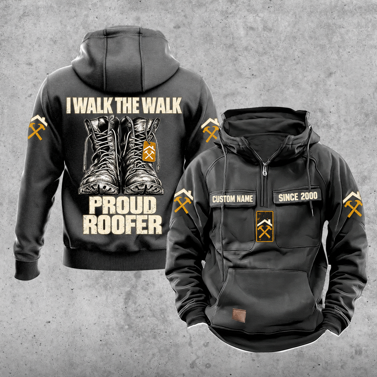 Roofer Proud Walk Vintage Hoodie in Dark Gray, front and back views with sample text CUSTOM NAME and SINCE 2000, work boots artwork and roofline-and-hammer sleeve motifs.