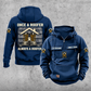 Roofer Once and Always Vintage Hoodie in Dark Blue, front and back views with sample text CUSTOM NAME and SINCE 2000, roofing sleeve symbols, a plain lower pouch with brown label, and the boots-and-shingles back design.