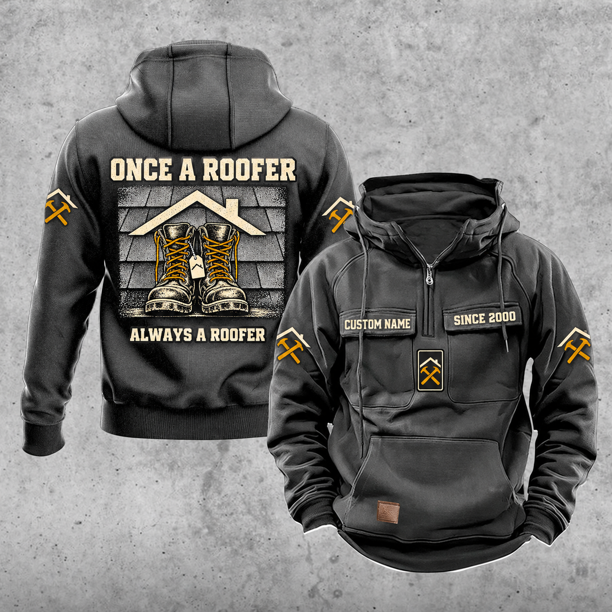 Roofer Once and Always Vintage Hoodie in Dark Gray, front and back views with sample text CUSTOM NAME and SINCE 2000, roofing sleeve symbols, a plain lower pouch with brown label, and the boots-and-shingles back design.