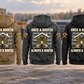 Five complete back views of the Roofer Once and Always Vintage Hoodie in Military Green, Kaki, Dark Gray, Black and Dark Blue, arranged at a roofing workbench with stacked shingles and a stationary hammer.