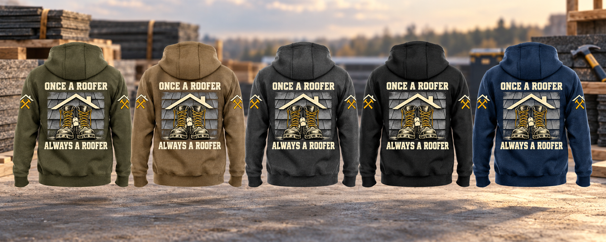 Five complete back views of the Roofer Once and Always Vintage Hoodie in Military Green, Kaki, Dark Gray, Black and Dark Blue, arranged at a roofing workbench with stacked shingles and a stationary hammer.