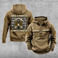 Roofer Once and Always Vintage Hoodie in Kaki, front and back views with sample text CUSTOM NAME and SINCE 2000, roofing sleeve symbols, a plain lower pouch with brown label, and the boots-and-shingles back design.