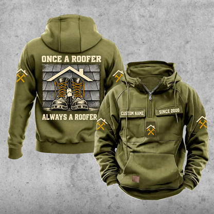 Roofer Once and Always Vintage Hoodie in Military Green, front and back views with sample text CUSTOM NAME and SINCE 2000, roofing sleeve symbols, a plain lower pouch with brown label, and the boots-and-shingles back design.