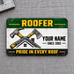Roofer Green Band aluminum wallet card, front artwork on gray woven canvas.