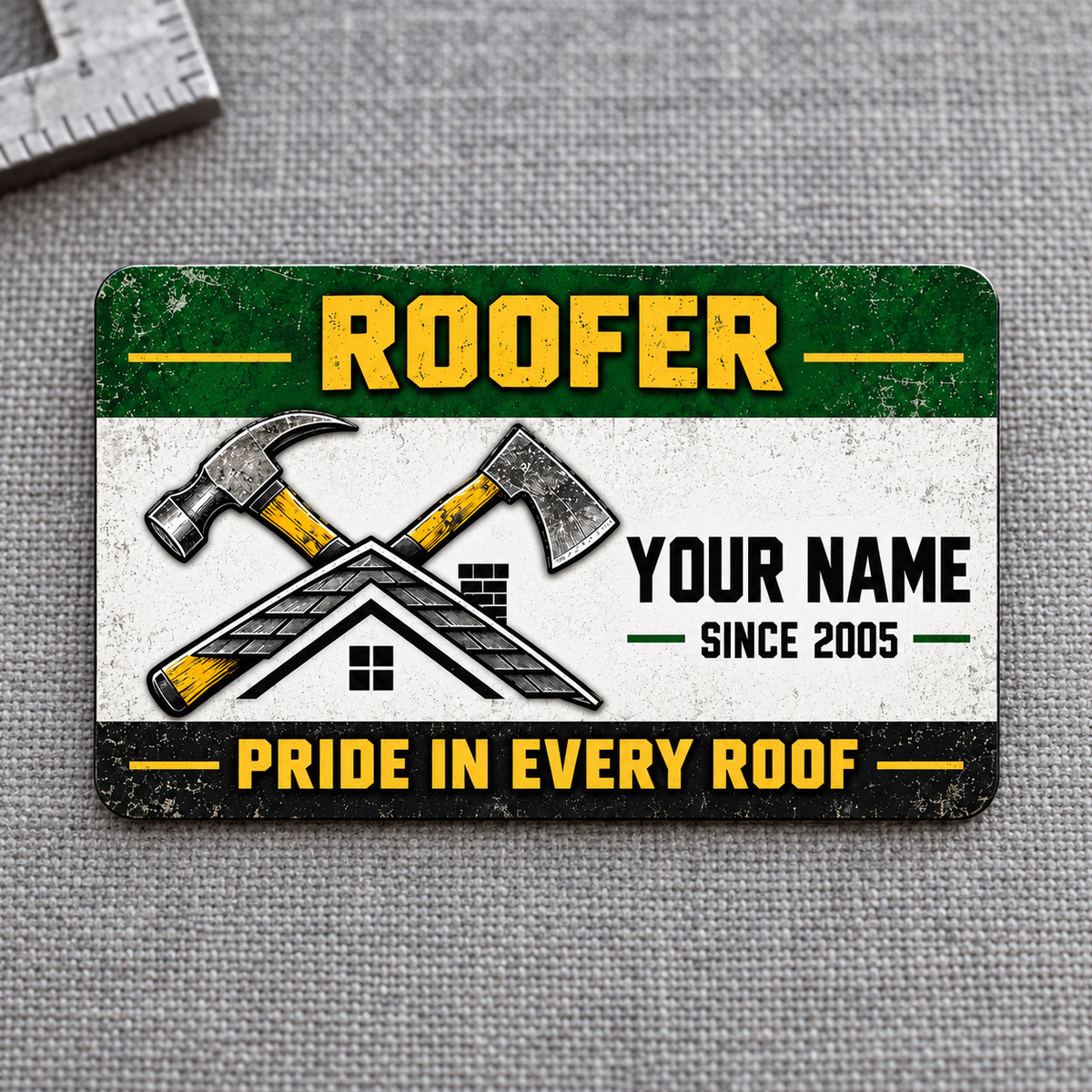 Roofer Green Band aluminum wallet card, front artwork on gray woven canvas.