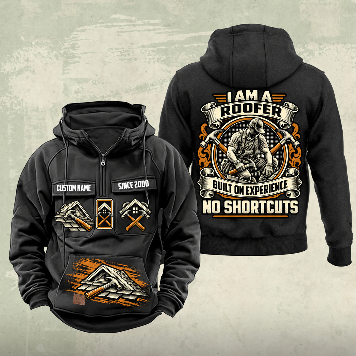 Roofer Heritage Crest Vintage Hoodie in Black, front and back views with sample text CUSTOM NAME and SINCE 2000, roofing symbols and an ornate roofer portrait crest.