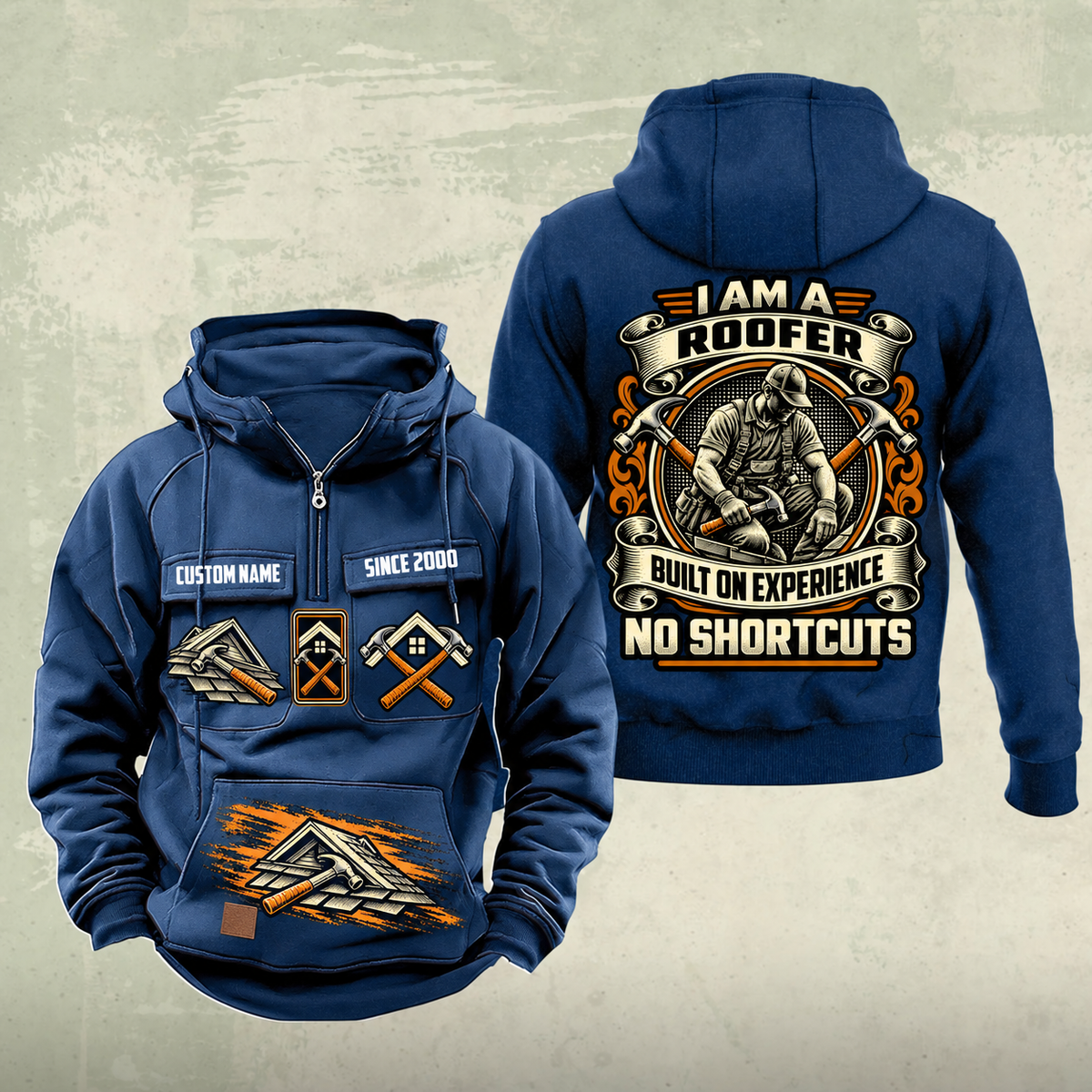 Roofer Heritage Crest Vintage Hoodie in Dark Blue, front and back views with sample text CUSTOM NAME and SINCE 2000, roofing symbols and an ornate roofer portrait crest.