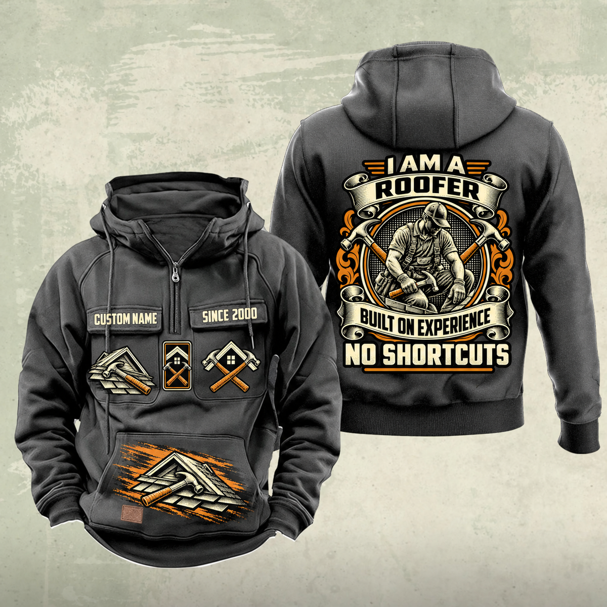 Roofer Heritage Crest Vintage Hoodie in Dark Gray, front and back views with sample text CUSTOM NAME and SINCE 2000, roofing symbols and an ornate roofer portrait crest.