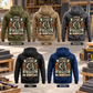 Five separate complete back views of the Roofer Heritage Crest Vintage Hoodie in Military Green, Kaki, Dark Gray, Black and Dark Blue, displayed in a quiet roofing workshop with stacked shingles and tools at rest.