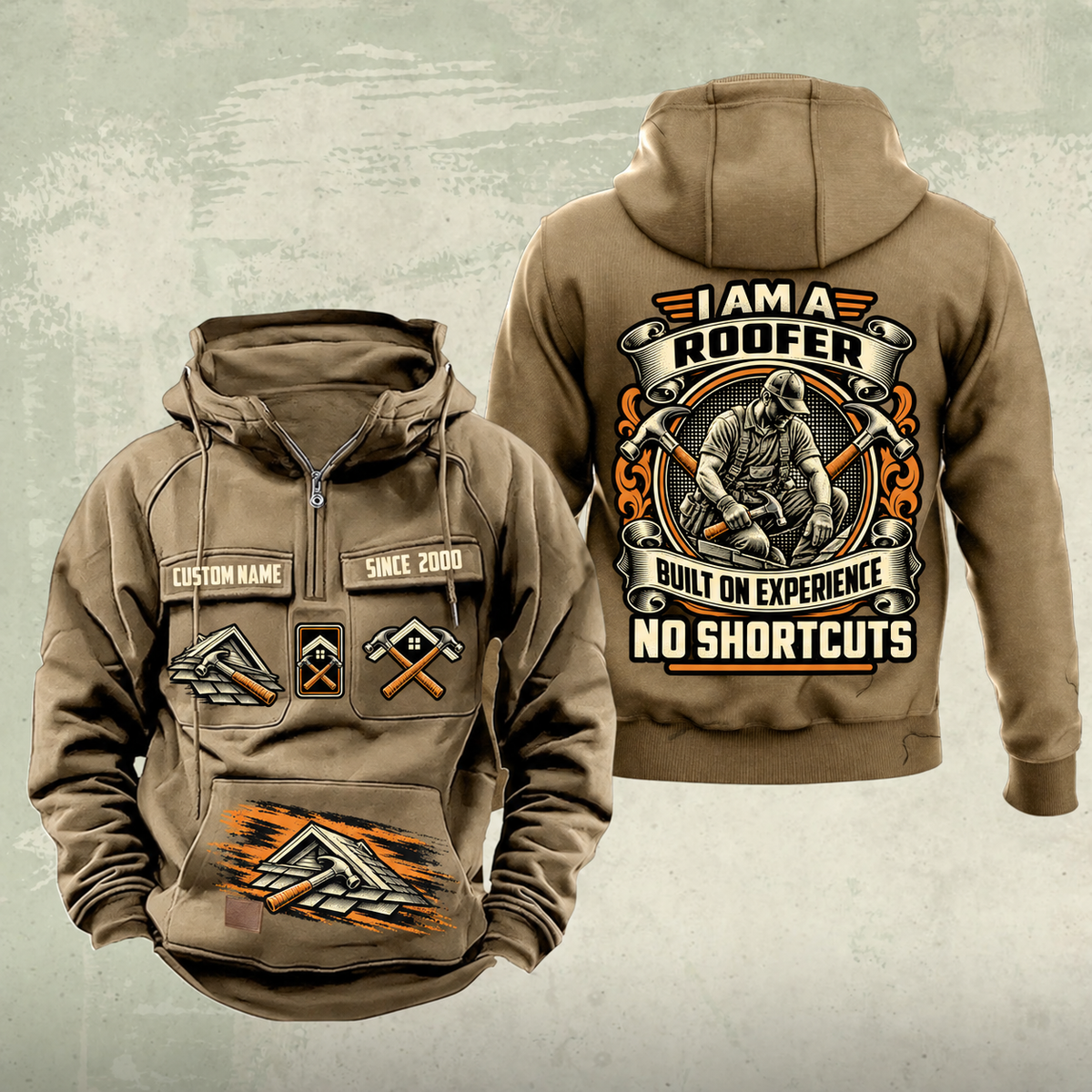 Roofer Heritage Crest Vintage Hoodie in Kaki, front and back views with sample text CUSTOM NAME and SINCE 2000, roofing symbols and an ornate roofer portrait crest.