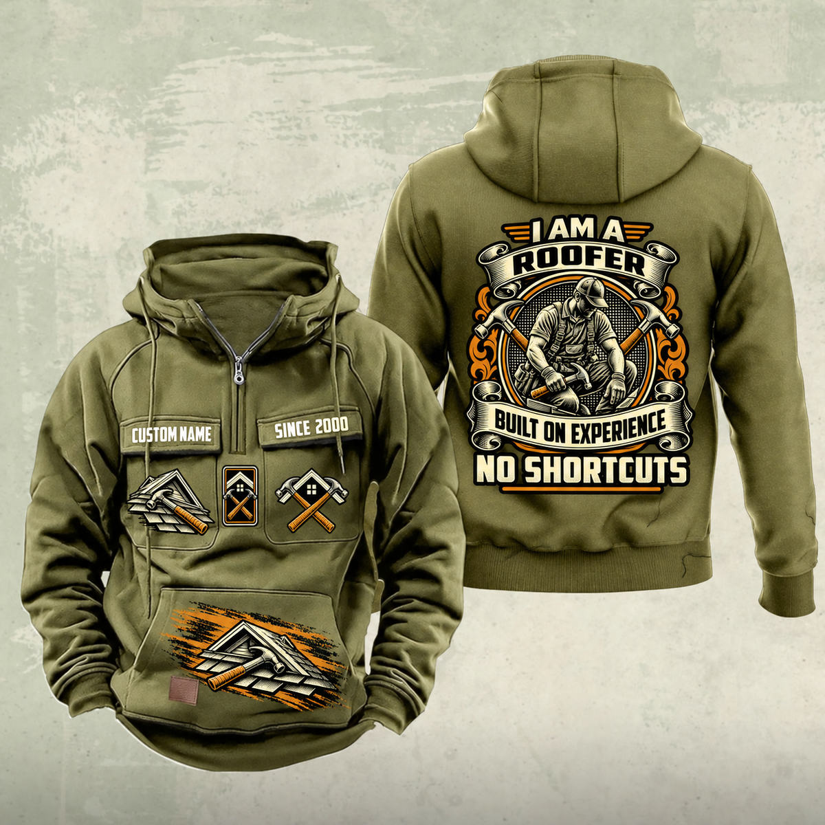 Roofer Heritage Crest Vintage Hoodie in Military Green, front and back views with sample text CUSTOM NAME and SINCE 2000, roofing symbols and an ornate roofer portrait crest.