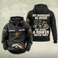 Roofer Never Ends vintage half-zip hoodie in Black, front and back, with CUSTOM NAME and SINCE 2000 sample chest text, roofline and hammer prints, and a work-boots, roofing-hammer and shingles back graphic.