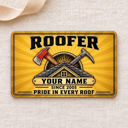 Roofer Golden Milestone aluminum wallet card, front artwork on cream linen.