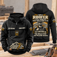 Roofer Skills and Pride Vintage Hoodie in Black, front and back views with sample text CUSTOM NAME and SINCE 2000, a resting roofer portrait, and roofline and hammer artwork.