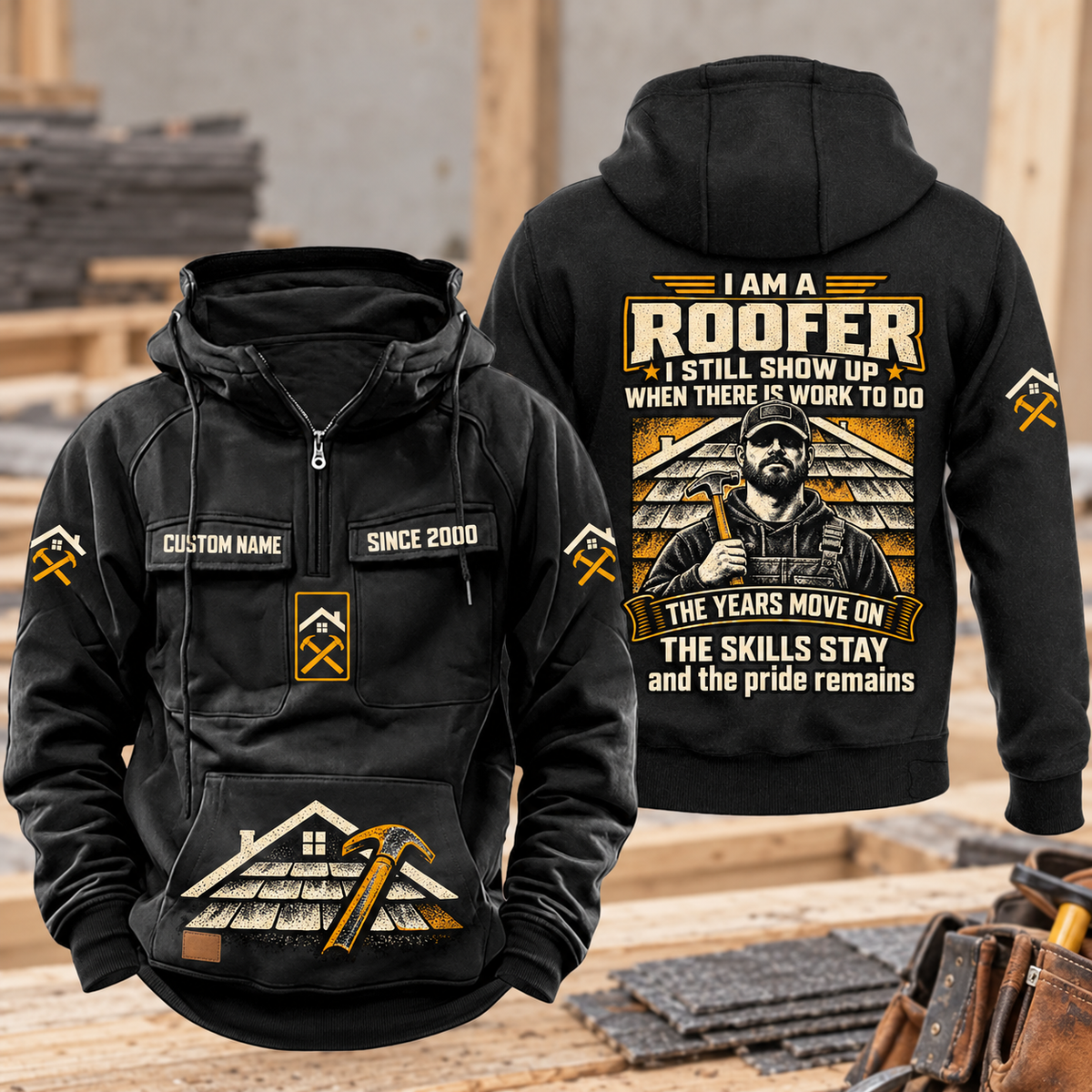 Roofer Skills and Pride Vintage Hoodie in Black, front and back views with sample text CUSTOM NAME and SINCE 2000, a resting roofer portrait, and roofline and hammer artwork.