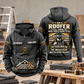 Roofer Skills and Pride Vintage Hoodie in Dark Gray, front and back views with sample text CUSTOM NAME and SINCE 2000, a resting roofer portrait, and roofline and hammer artwork.