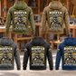 Roofer Skills and Pride Vintage Hoodie in Military Green, Kaki, Dark Gray, Black and Dark Blue, five complete back views with matching roofer portrait artwork in a quiet roofing workshop.