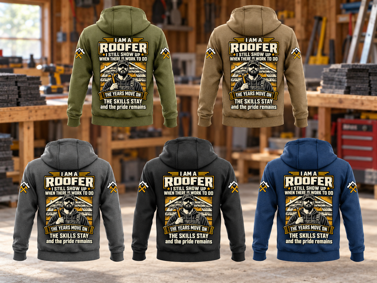 Roofer Skills and Pride Vintage Hoodie in Military Green, Kaki, Dark Gray, Black and Dark Blue, five complete back views with matching roofer portrait artwork in a quiet roofing workshop.