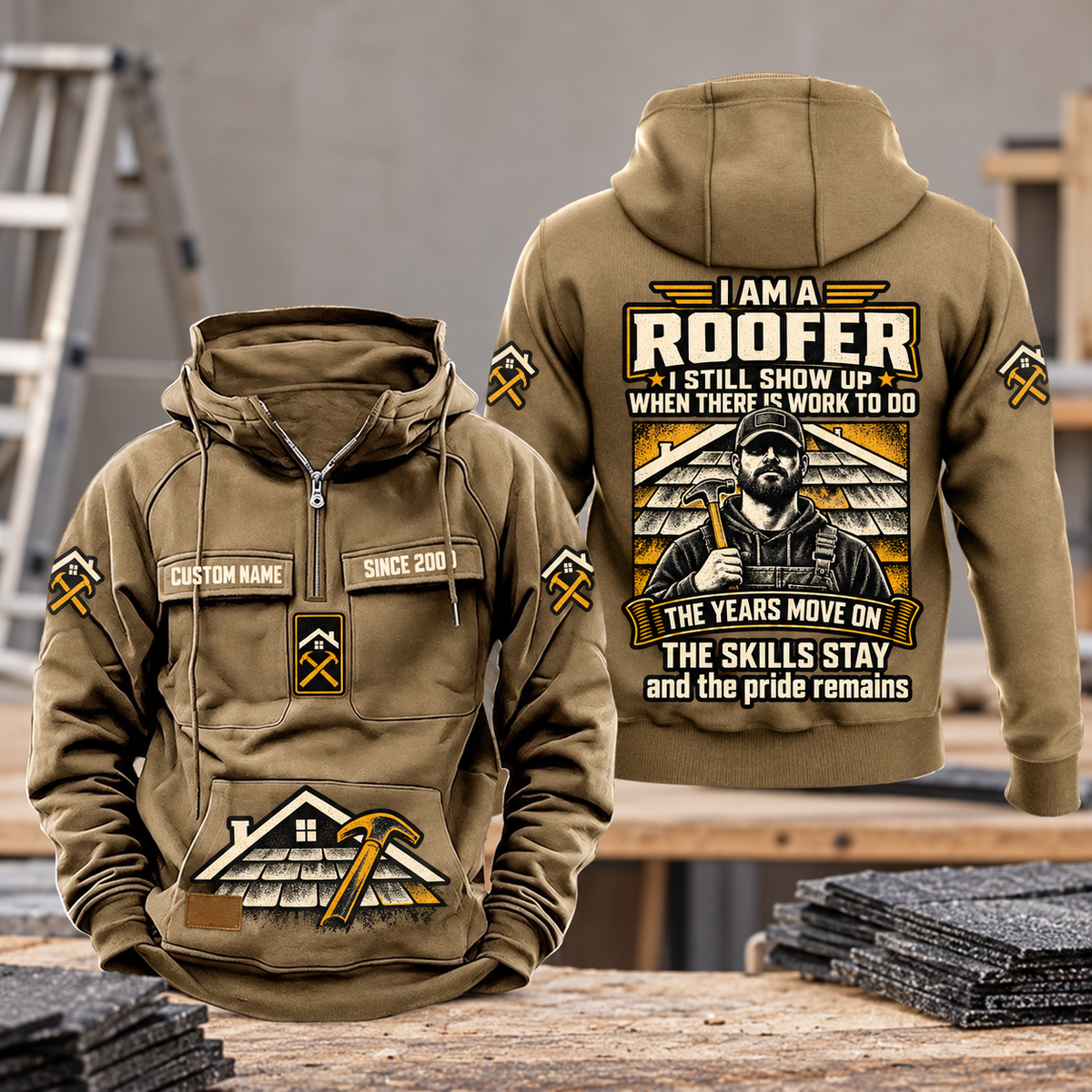 Roofer Skills and Pride Vintage Hoodie in Kaki, front and back views with sample text CUSTOM NAME and SINCE 2000, a resting roofer portrait, and roofline and hammer artwork.