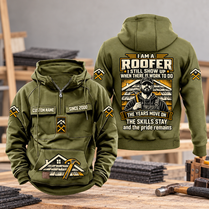 Roofer Skills and Pride Vintage Hoodie in Military Green, front and back views with sample text CUSTOM NAME and SINCE 2000, a resting roofer portrait, and roofline and hammer artwork.