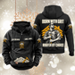 Roofer By Choice Vintage Hoodie in Black, front and back views with sample text CUSTOM NAME and SINCE 2000, roofer portrait and roofing motifs.