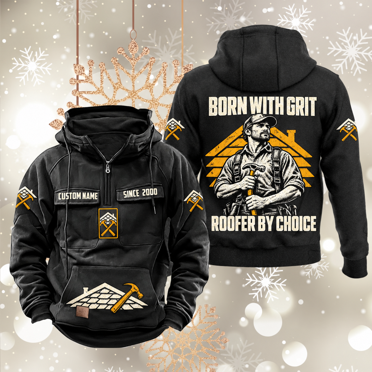 Roofer By Choice Vintage Hoodie in Black, front and back views with sample text CUSTOM NAME and SINCE 2000, roofer portrait and roofing motifs.