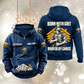 Roofer By Choice Vintage Hoodie in Dark Blue, front and back views with sample text CUSTOM NAME and SINCE 2000, roofer portrait and roofing motifs.