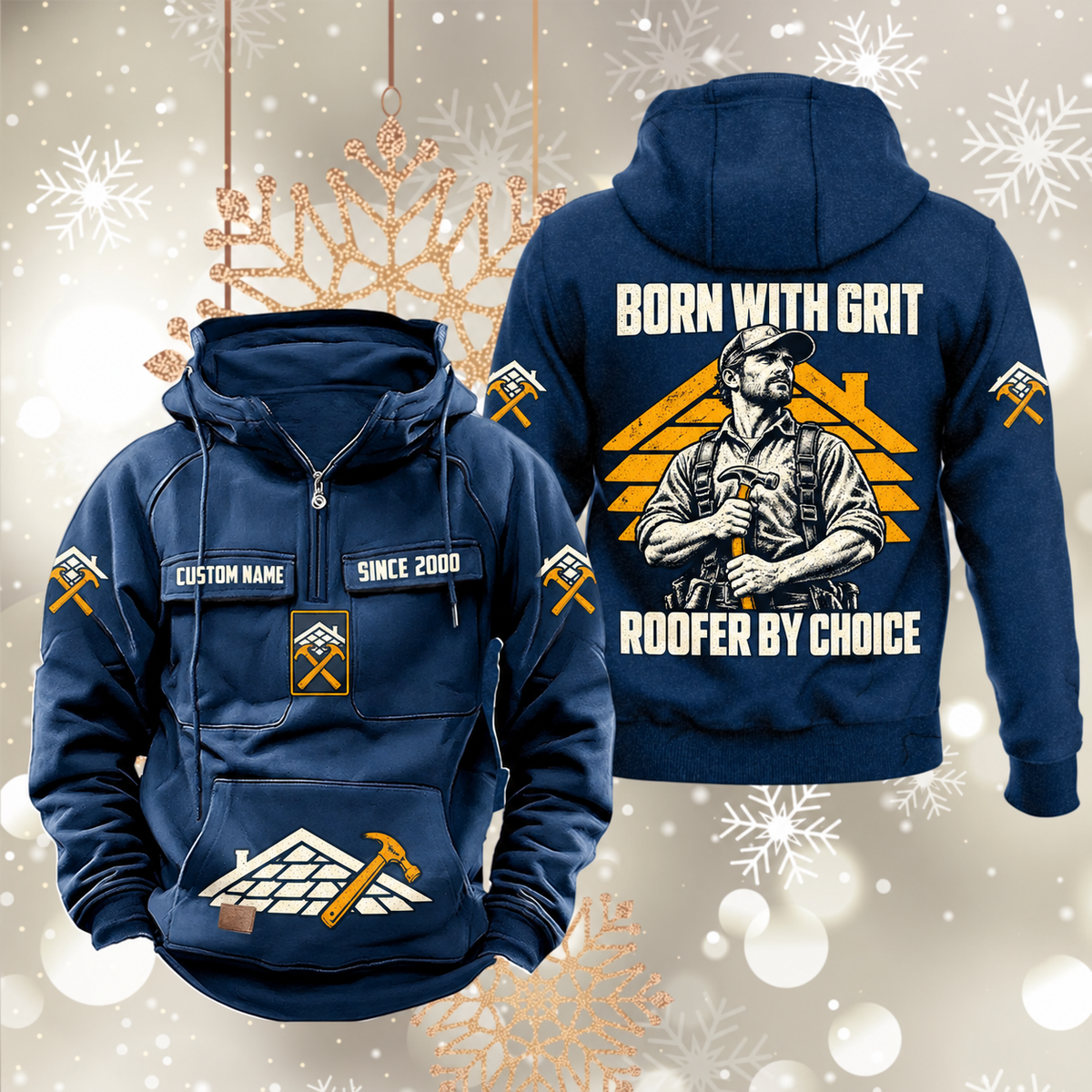 Roofer By Choice Vintage Hoodie in Dark Blue, front and back views with sample text CUSTOM NAME and SINCE 2000, roofer portrait and roofing motifs.