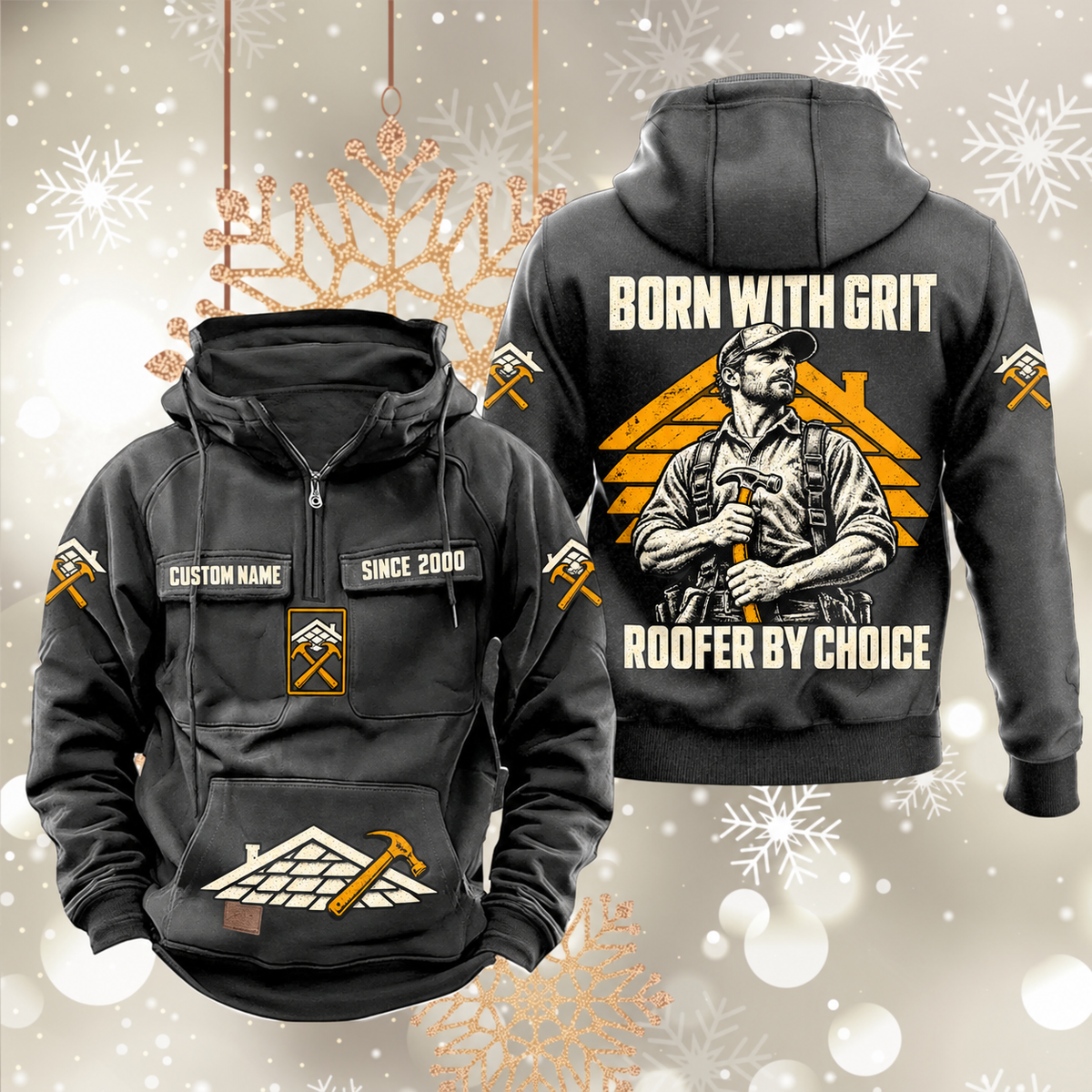 Roofer By Choice Vintage Hoodie in Dark Gray, front and back views with sample text CUSTOM NAME and SINCE 2000, roofer portrait and roofing motifs.