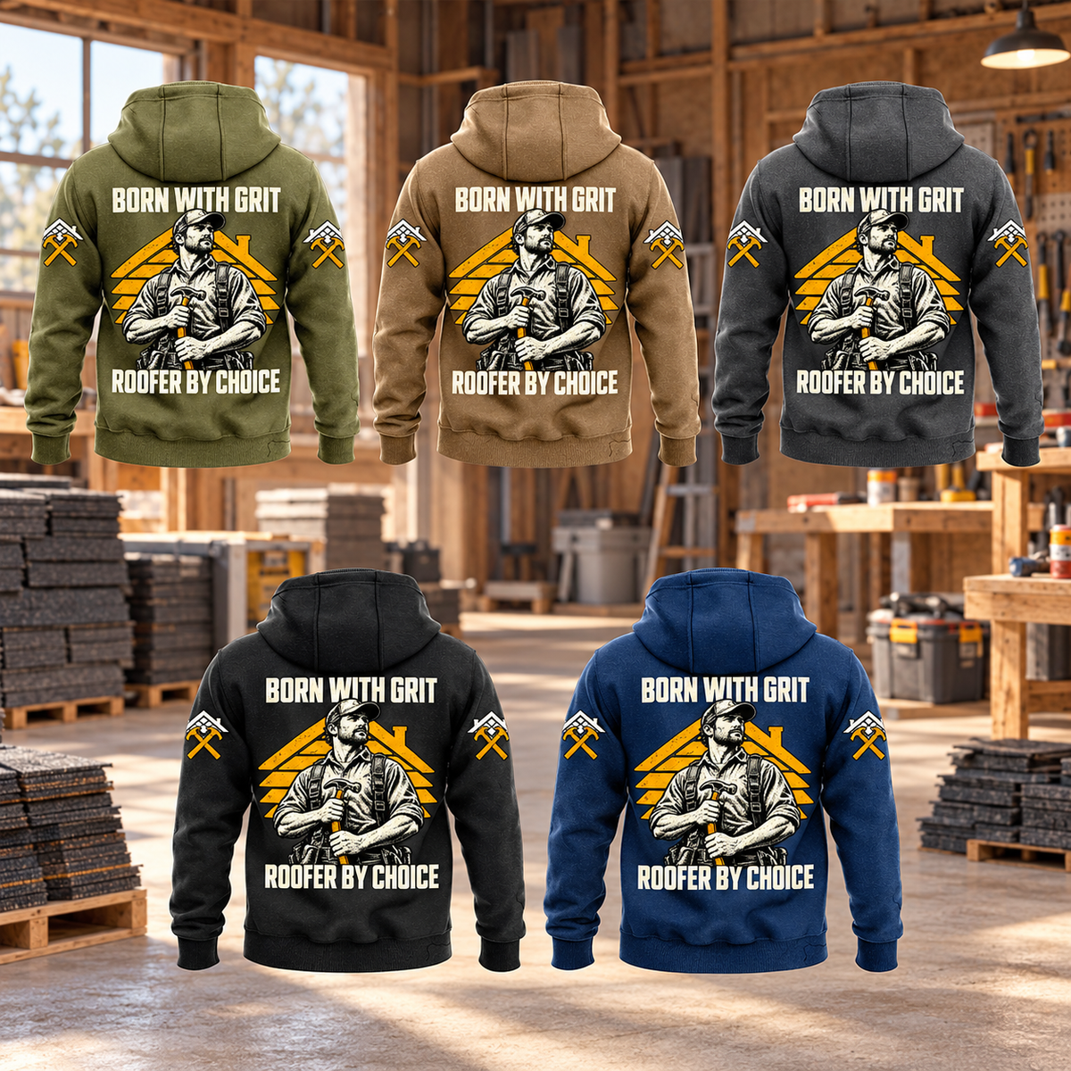 Roofer By Choice Vintage Hoodie featured composite showing five separated complete back views in Military Green, Kaki, Dark Gray, Black and Dark Blue, against a roofing workshop with stacked shingles.