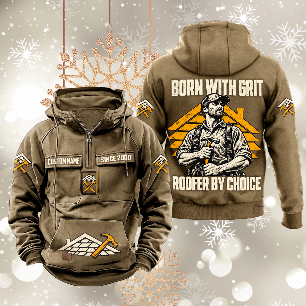 Roofer By Choice Vintage Hoodie in Kaki, front and back views with sample text CUSTOM NAME and SINCE 2000, roofer portrait and roofing motifs.