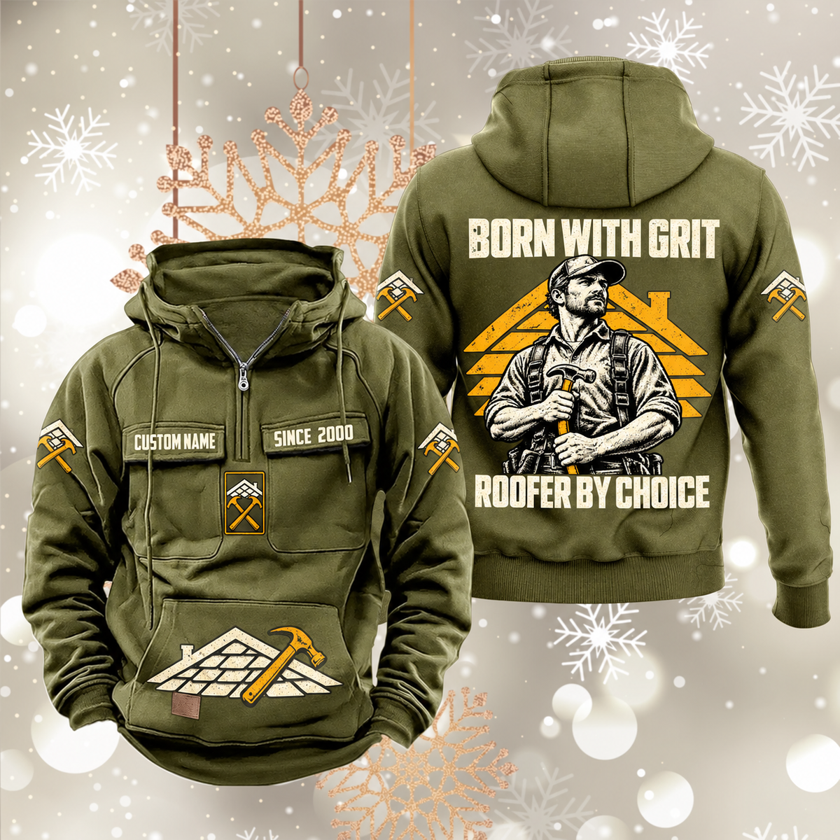 Roofer By Choice Vintage Hoodie in Military Green, front and back views with sample text CUSTOM NAME and SINCE 2000, roofer portrait and roofing motifs.