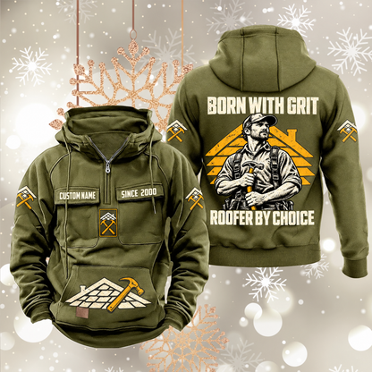 Roofer By Choice Vintage Hoodie in Military Green, front and back views with sample text CUSTOM NAME and SINCE 2000, roofer portrait and roofing motifs.
