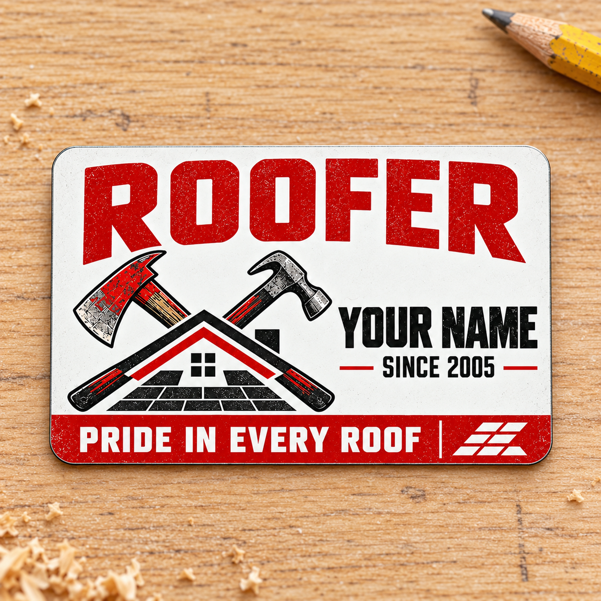 Roofer Signature Modern aluminum wallet card, front artwork on pale oak.