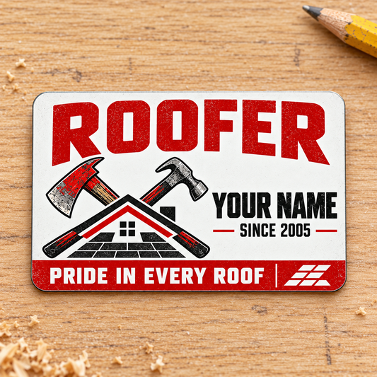 Roofer Signature Modern aluminum wallet card, front artwork on pale oak.