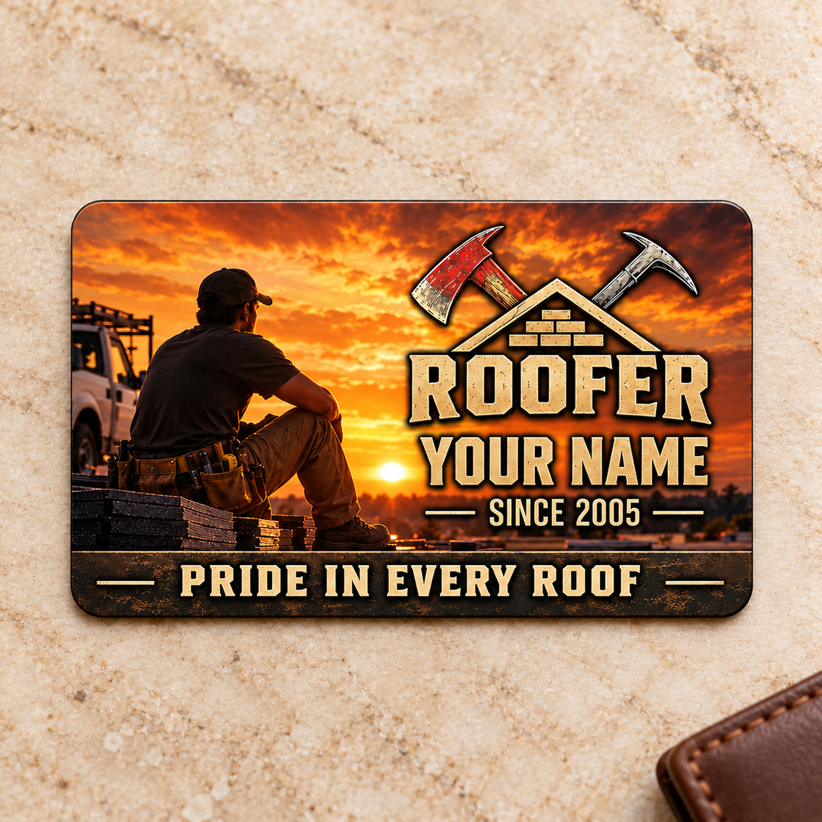 Roofer Sunset Workday aluminum wallet card, front artwork on warm cream stone.