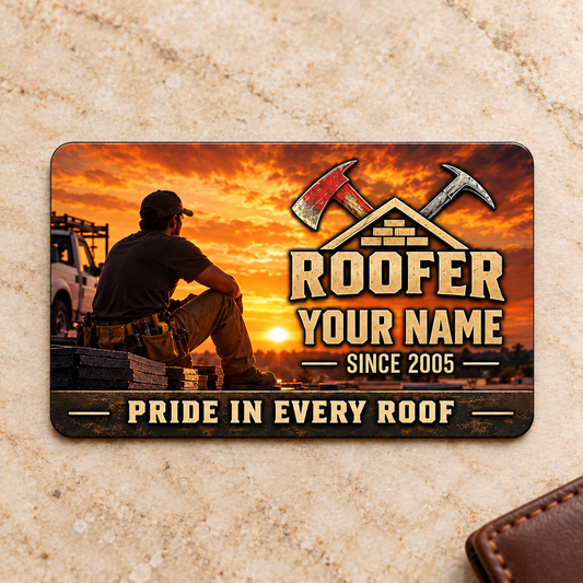 Roofer Sunset Workday aluminum wallet card, front artwork on warm cream stone.