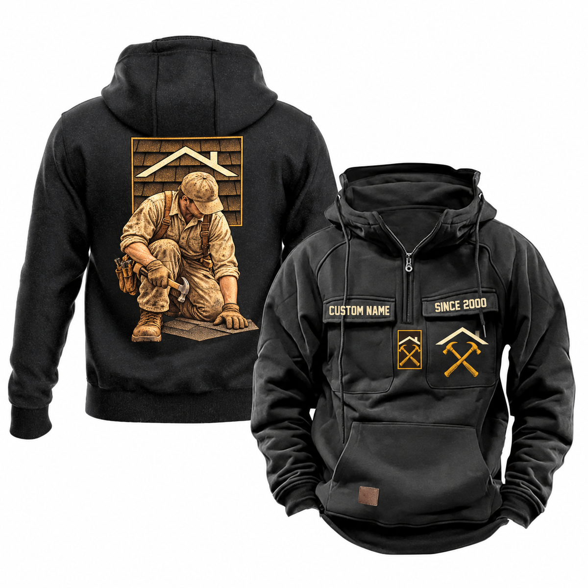 Roofer Ready Every Day Portrait Vintage Hoodie in Black, front and back views with sample text CUSTOM NAME and SINCE 2000.
