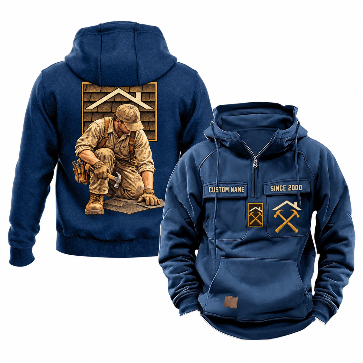 Roofer Ready Every Day Portrait Vintage Hoodie in Dark Blue, front and back views with sample text CUSTOM NAME and SINCE 2000.
