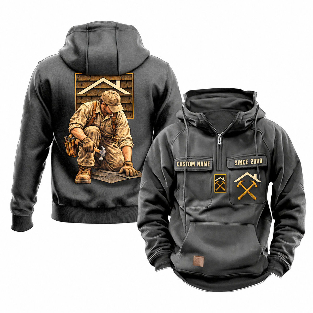 Roofer Ready Every Day Portrait Vintage Hoodie in Dark Gray, front and back views with sample text CUSTOM NAME and SINCE 2000.