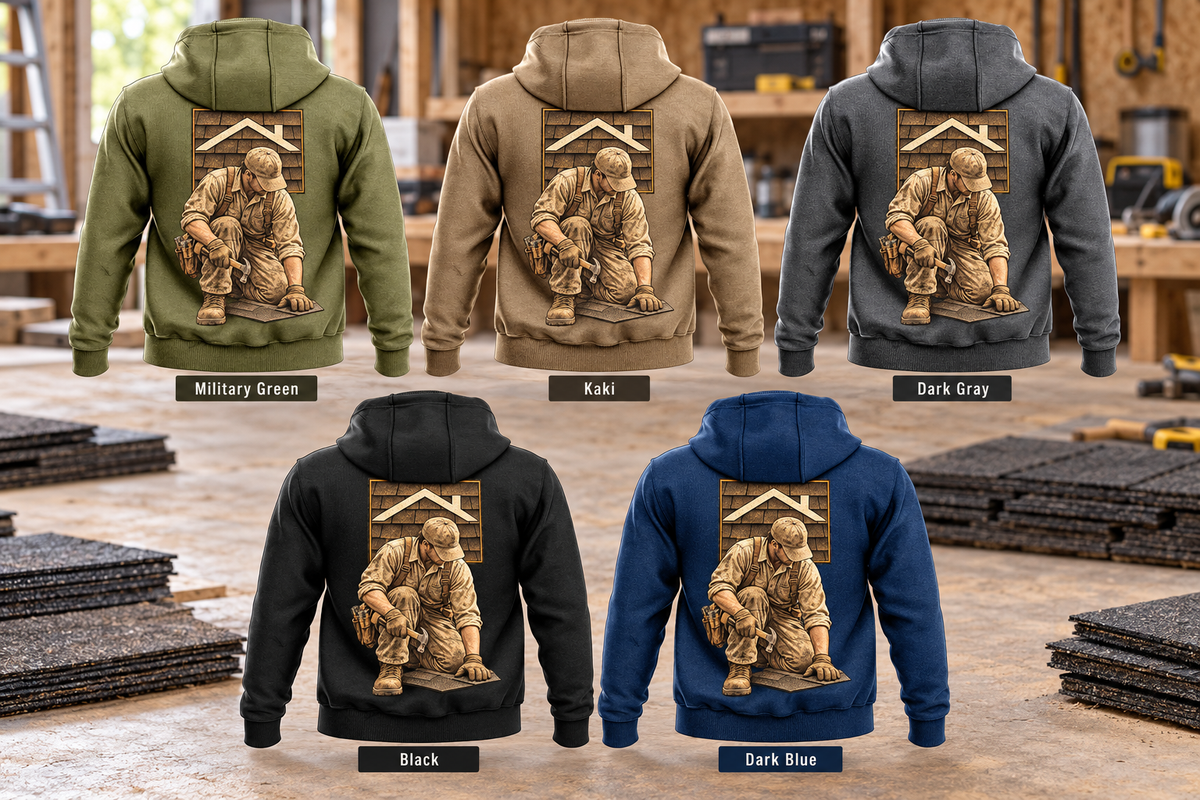 Five complete back views of the Roofer Ready Every Day Portrait Vintage Hoodie in Military Green, Kaki, Dark Gray, Black and Dark Blue, arranged above a roofing workbench with stacked shingles.