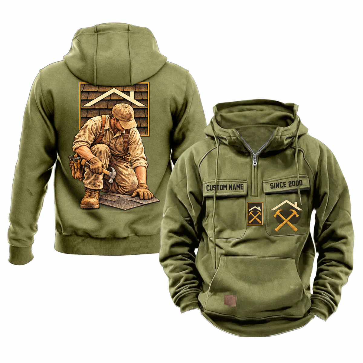Roofer Ready Every Day Portrait Vintage Hoodie in Military Green, front and back views with sample text CUSTOM NAME and SINCE 2000.